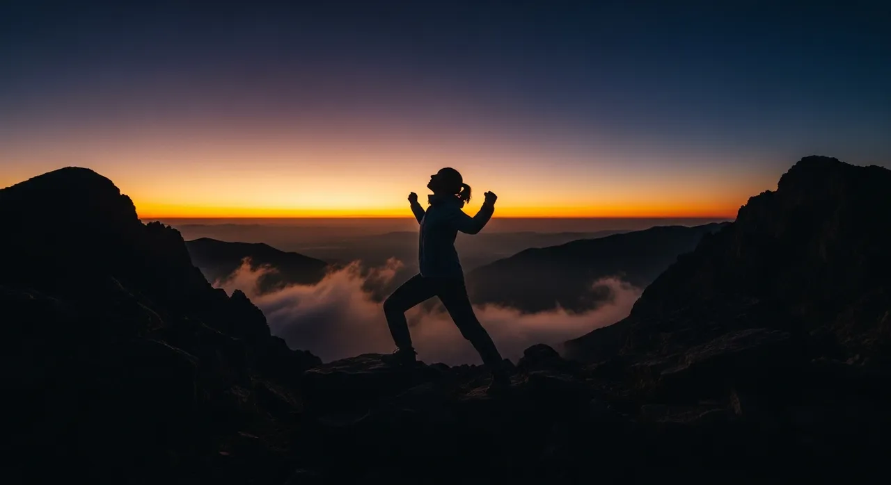 A determined individual standing at the peak of a mountain at dawn, silhouette against an amber sky