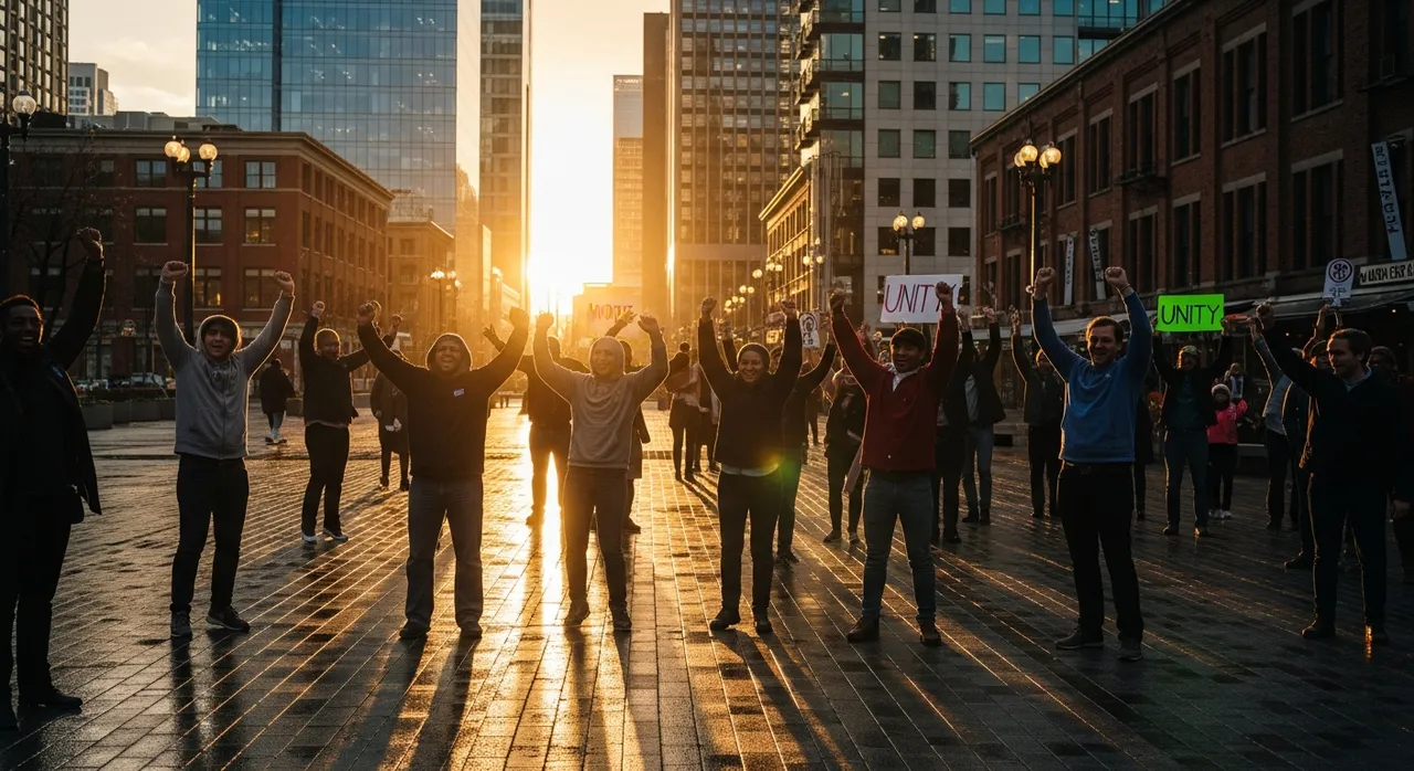 A diverse energized community gathered in an urban plaza at golden hour, arms raised in celebration